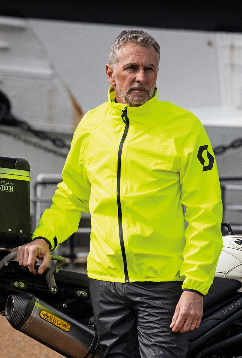 Guy wearing Scott Ergo Pro waterproof jacket and trouser